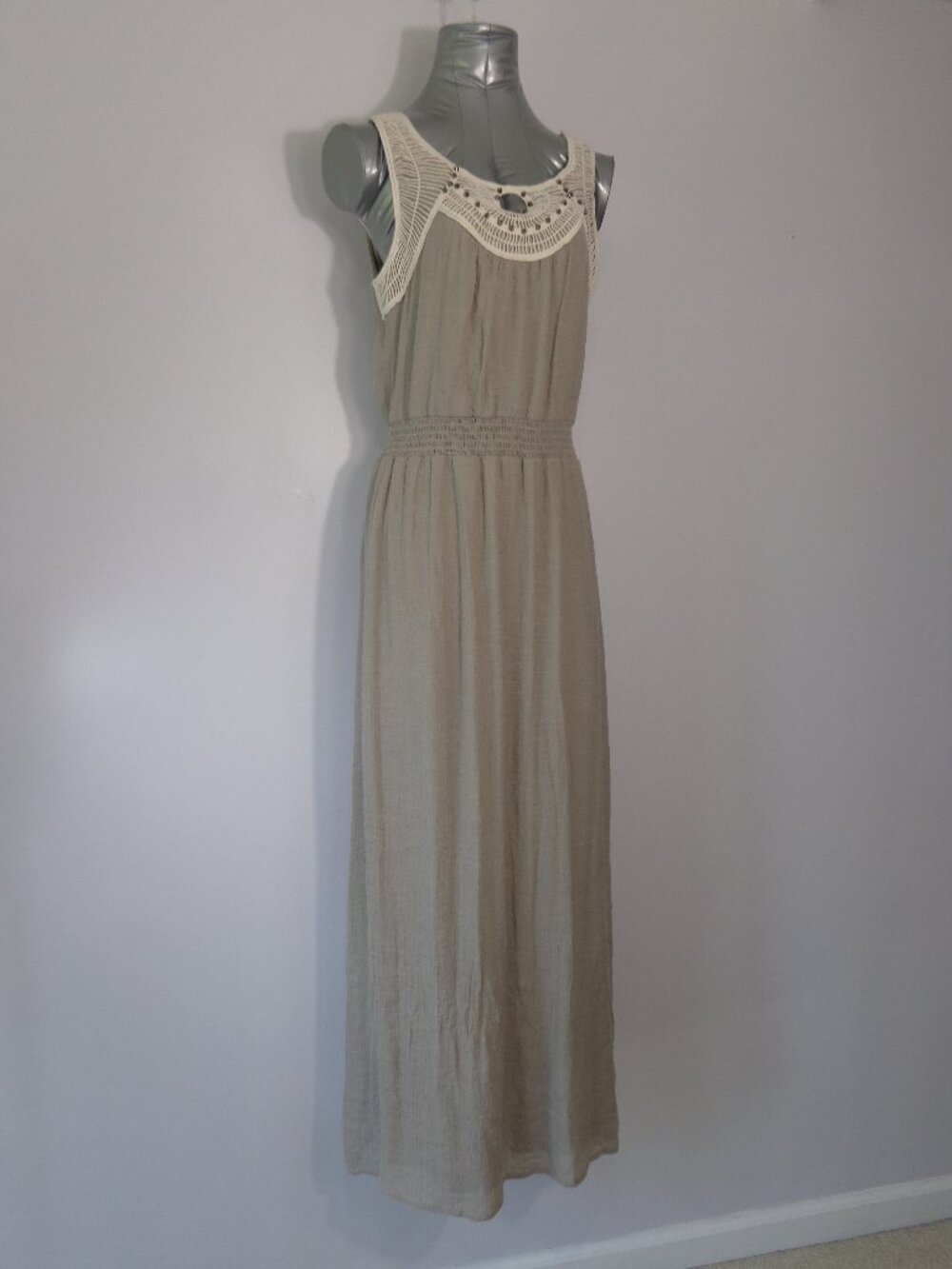 AGB Women's Boho Cottagecore Flowy Maxi Dress Taupe Crochet Trim Sleeveless Sz M